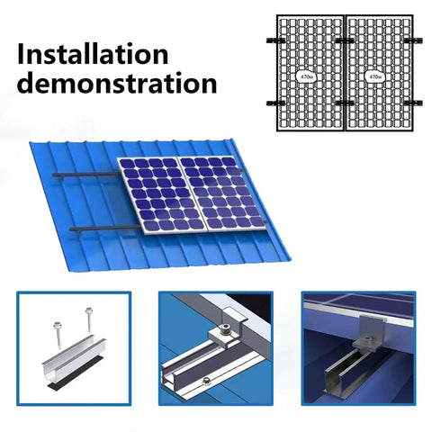 Installation demonstration of All In One Aluminum Solar Panel Mounting Kit With 120mm Rails on metal tin roof with brackets