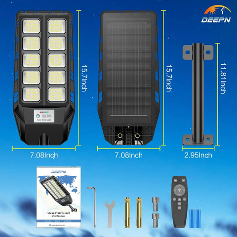 Front and back view of Lit Solar Outdoor Lights 6500K Dusk To Dawn Security Flood Lights with motion sensor, remote control, mounting kit displayed.