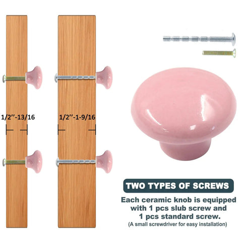 Grab Some Super Chic Pink Ceramic Door Knobs Retro Cabinet Hardware Set With Dresser Pulls Bathroom Vanity Handles No Sweat Install Top Shelf Furniture Makeover Kit 10 Piece Bundle showcasing two types of screws and knob details.