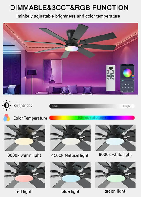 52 Inch Ceiling Fan With Light And Remote Control, 6 Speeds Reversible, RGB Dimmable Light With Three Color Temperature Modes