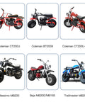 Image showing various models of mini bikes compatible with the Mini Bike Brake Lever Kit With 22mm Handlebar And 67 Inch Drum Brake Cable Replacement.