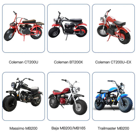 Image showing various models of mini bikes compatible with the Mini Bike Brake Lever Kit With 22mm Handlebar And 67 Inch Drum Brake Cable Replacement.
