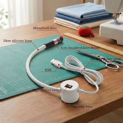 Magnetic Sewing Machine Alignment Light For Quilting And Straight Stitching Hands Free Positioning Tool with labeled parts on desk