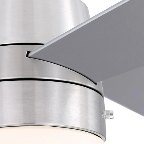 Close-up of 52 Inch LED Ceiling Fan with Light Kit, Brushed Nickel Finish, Silver and Gray Teak Blades.