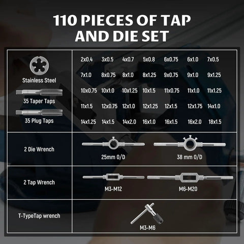 Pro Grade Gear 110 Piece Tap And Die Set For Metric Threading M2 To M18 With Case Includes 70 Taps And 35 Dies Two Tap Wrenches Two Die Wrenches T Handle Tap Wrench Perfect For Internal And External Threading And Rethreading product features chart