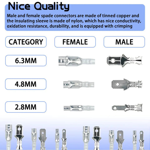 Comparison of male and female spade connectors in 320 Piece Spade Wire Terminal Connectors Kit For 22 14 AWG Wires 2.8mm 4.8mm 6.3mm
