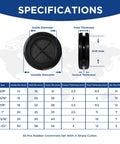 Specifications of 55 Pcs Rubber Grommets Kit with six assorted sizes, including dimensions and thickness, for wiring protection.
