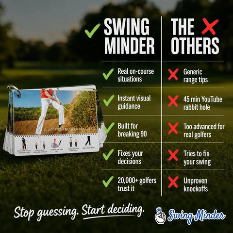 Golf Reference Cards For On Course Mastery Cheat Sheet For 33 Of Golf Hardest Shots Waterproof PVC With Sturdy Carabiner Ideal Gift For Men Golf Bag Accessory Easy On Course Guidance displayed with pros and cons comparison to generic tips.