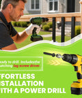 Effortless installation with a power drill for Built Like a Tank 105 Piece 32 Inch Deck Railing Kit using a green cordless drill.
