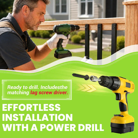 Effortless installation with a power drill for Built Like a Tank 105 Piece 32 Inch Deck Railing Kit using a green cordless drill.