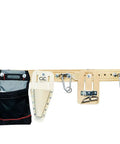 Heavy Duty Leather Scaffold Tool Belt 2 Inch Wide Fits 44 To 54 Inch Waist Pronged Roller Buckle Reinforced Stitching Durable Beige Built For The Job Site with attached pouches and loops on a white background.