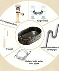 Retro Ceramic Vessel Sink for Bathroom, oval above-counter wash vanity sink with faucet and accessories diagram.