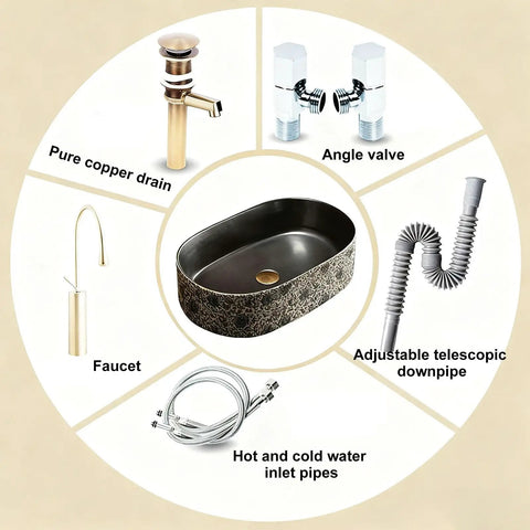 Retro Ceramic Vessel Sink for Bathroom, oval above-counter wash vanity sink with faucet and accessories diagram.