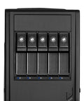 Solid As A Rock Pair Of Internal Hot Swap Drive Cages Converts Three 5.25 Inch Bays Into Five 3.5 Slot Enclosures For Sas And Sata Discs With Sleek Aluminum Chassis And No Sweat Quick Setup, showing five drive slots.