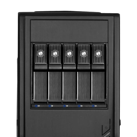 Solid As A Rock Pair Of Internal Hot Swap Drive Cages Converts Three 5.25 Inch Bays Into Five 3.5 Slot Enclosures For Sas And Sata Discs With Sleek Aluminum Chassis And No Sweat Quick Setup, showing five drive slots.