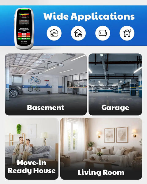 No Sweat Portable Radon Detector For House And Basement Air Testing Rechargeable 3 In 1 Meter displayed in basement, garage, living room settings.