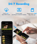 User accessing Outdoor Wired Security Cam With Starlight Color Night Vision 2K Clarity For Home Security AI Human Detection And Auto Tracking IP65 Weatherproof Two Way Audio US Cloud Alexa Compatible on mobile device with 24/7 recording features displayed.