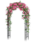 88 Inch Steel Garden Arch Arbor Trellis For Climbing Plants Outdoor Yard Garden Black Metal Lattice Arch Perfect For Weddings Backdrops And Patio Decor Go To Yard Art, decorated with vibrant pink flowers.