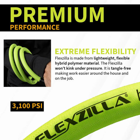 Pressure Washer Hose With M22 Fittings 1/4 In By 50 Ft Flexible Hybrid Polymer For Subzero Cold To 140 Degree F Heat ZillaGreen With Tough Fittings Up To 4,000 PSI, flexible and tangle-free, 3100 PSI