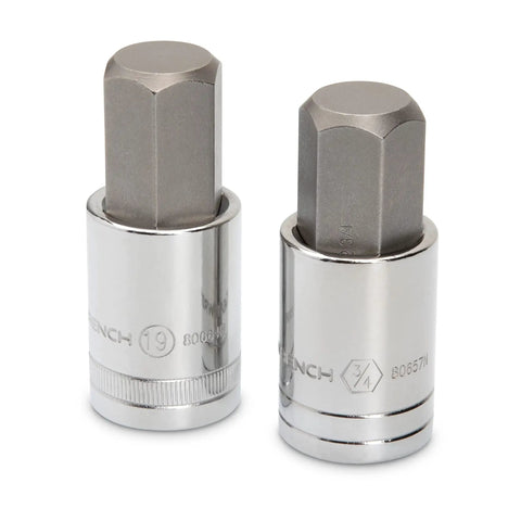 Close-up of hex sockets from the 84 Piece Master SAE And Metric Hex And Torx Socket Set for home and auto repairs, featuring size markings.