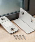 Ultra Thin Self Adhesive Magnetic Door Catch Set 2 Pieces No Drill Wardrobe Latch with screws on wooden surface