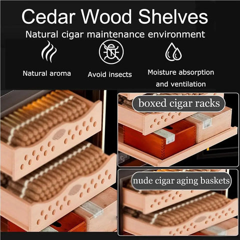 Cedar Wood Shelves showing boxed cigar racks and aging baskets inside Top Shelf Electric Cigar Humidor For Men Kickass Cedar Wood Cabinet.