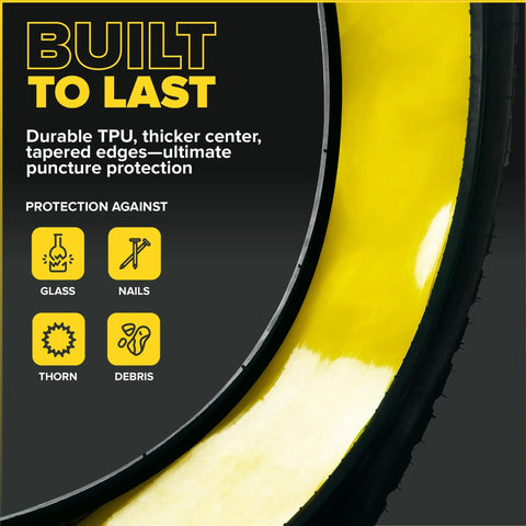 Fat Tire Liner For Bikes Tube Protection Against Flats With Durable Extruded Plastic Shield graphic showing puncture protection features