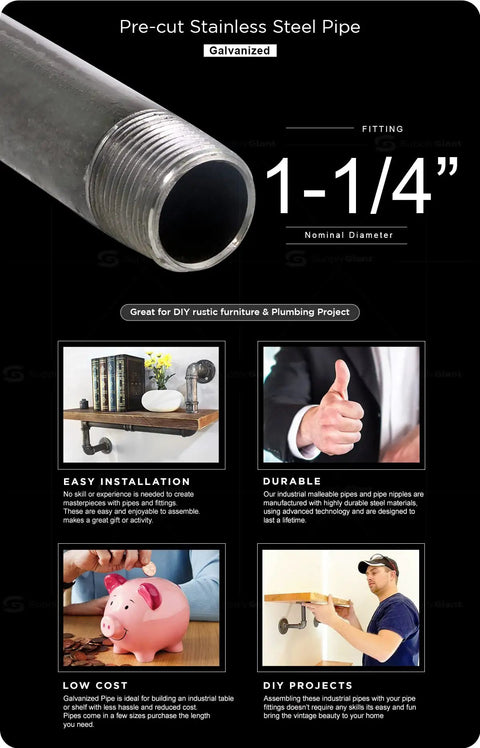 Heavy Duty One And One Quarter Inch Schedule 40 Galvanized Steel Pipe 24 Inch Pre Cut Tubing With Threaded Fittings