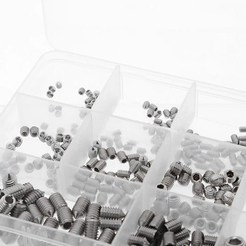Stainless Steel Cone Point Set Screws 400 Piece Set Beefy Pro Grade With Wrenches in organized storage box.