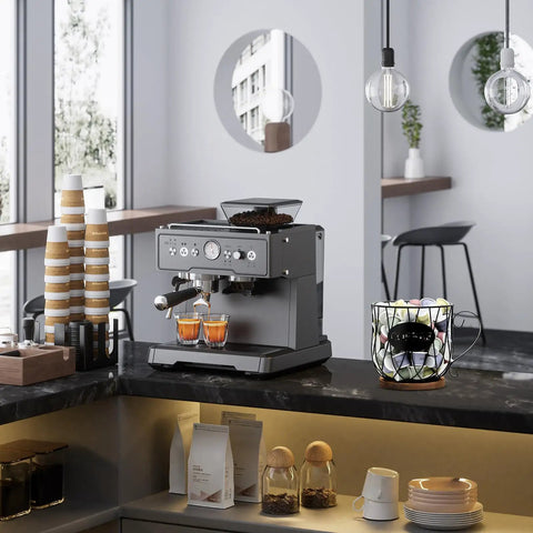 Modern kitchen countertop with espresso machine and Go To Rustic Metal K Cup Pod Holder With Wooden Base Large Wire Basket Coffee Storage