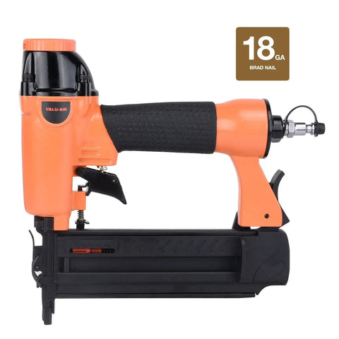 Orange Lightweight 18 Gauge Pneumatic Brad Nailer For Cabinetry And Finish Work, aluminum body, side view