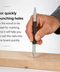 Pro Quality Two Piece Nail Setter Kit Featuring Dual End Spring Loaded Center Punch Tools, hand using metal punch on wood