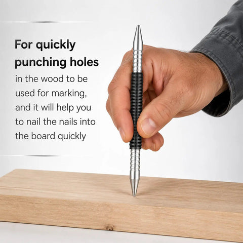 Pro Quality Two Piece Nail Setter Kit Featuring Dual End Spring Loaded Center Punch Tools, hand using metal punch on wood