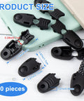 50 Pcs Zipper Pull Tabs And Cord Ends Kit For Paracord on a table showing black plastic ends with dimensions