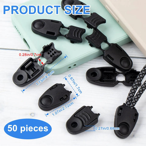 50 Pcs Zipper Pull Tabs And Cord Ends Kit For Paracord on a table showing black plastic ends with dimensions
