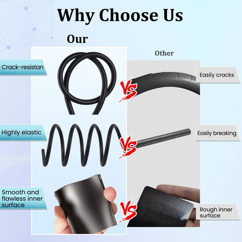 Comparison of two fuel line hoses, highlighting crack-resistance, elasticity, and inner surface smoothness versus cracking and roughness.