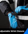 Man wearing large blue Three Pairs 100 Percent Waterproof Winter Work Gloves For Men With Touchscreen demonstrating wrist closure