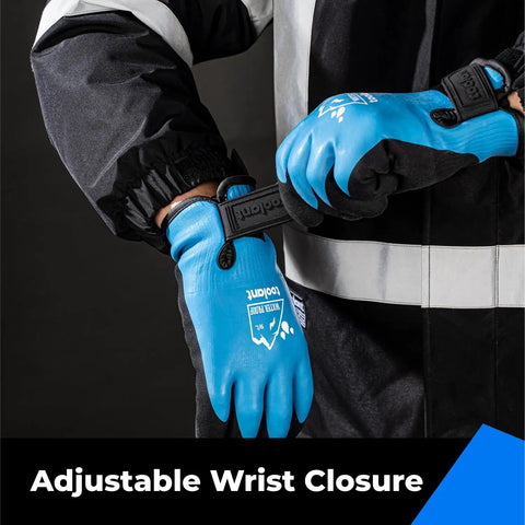 Man wearing large blue Three Pairs 100 Percent Waterproof Winter Work Gloves For Men With Touchscreen demonstrating wrist closure