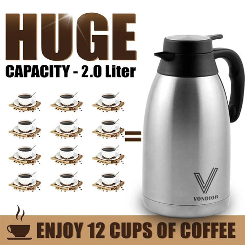 68 Oz Stainless Steel Thermal Coffee Carafe With 12 Hour Heat Retention And 24 Hour Cold Retention shown next to 12 coffee cups