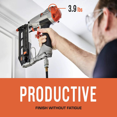 Person using Pneumatic Finish Nailer 16 Gauge for Trim and Molding Pro Grade Comfort Grip Lightweight Easy Two Finger Trigger