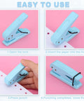 Step-by-step use of Heavy Duty One Hole Paper Punch One Quarter Inch Handheld Metal Punch for tags and crafts, black handle grip.