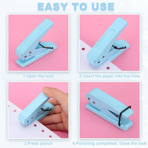 Step-by-step use of Heavy Duty One Hole Paper Punch One Quarter Inch Handheld Metal Punch for tags and crafts, black handle grip.