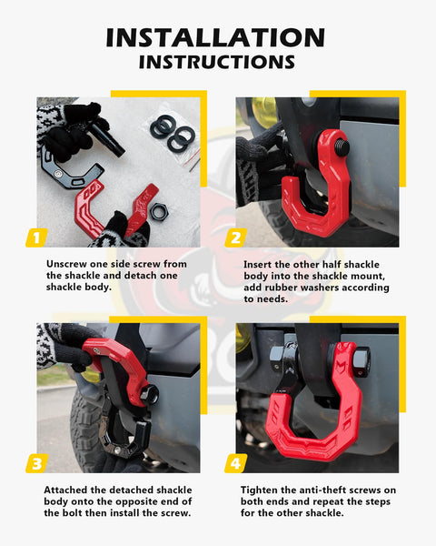 Installation instructions for Three Quarters Inch D Ring Shackles Heavy Duty Forged Steel With Seven Eighth Inch Pin, black and red.