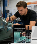 Man using Windshield Crack Repair Kit For A Quick No Mess Fix And Invisible Finish on car windshield in an auto shop
