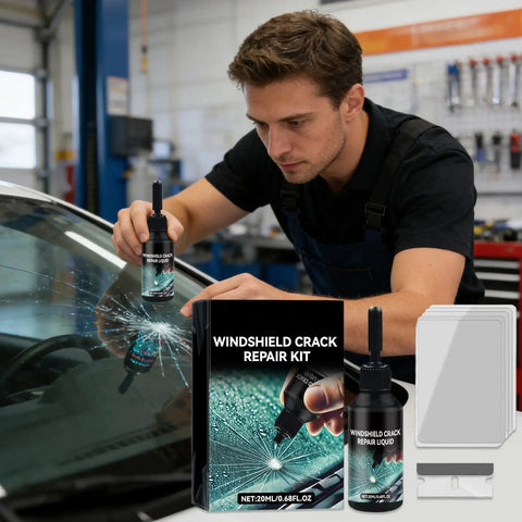 Man using Windshield Crack Repair Kit For A Quick No Mess Fix And Invisible Finish on car windshield in an auto shop