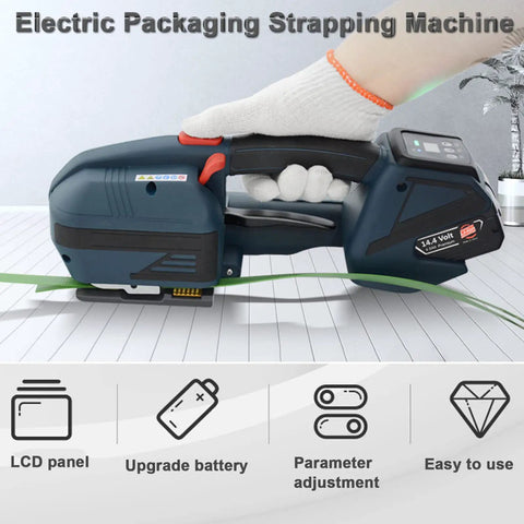 Heavy Duty Handheld Automatic Strapping Machine For One Half To Five Eighth Inch Pp Pet Straps With Built In Battery Powered Electric Banding Tool for easy packaging.