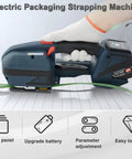 Heavy Duty Electric Strapping Machine With 4000mAh Rechargeable Battery For Pet And PP Straps, side view with LCD panel and green strap.