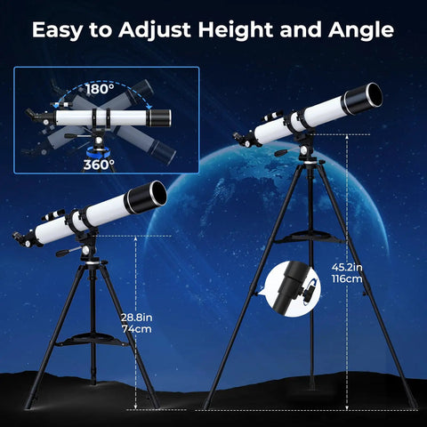 High Powered 90mm Refractor Telescope For Adults With 900mm Focal Length, 36X To 270X Magnification on adjustable tripod