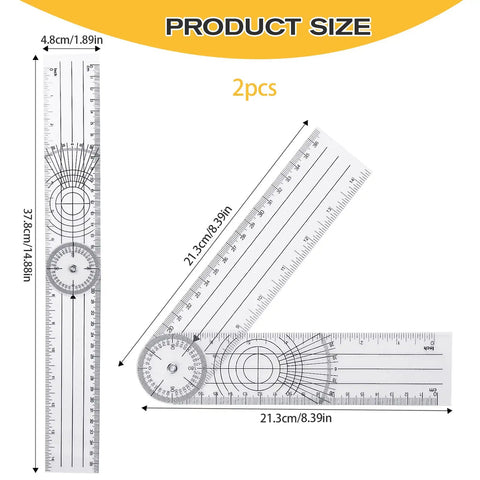Straight Up Best Two Piece Clear Plastic Goniometer Set With Nifty Seven Inch Flexible Arms And Trustworthy Angle Finding Protractor Ruler For Homework And Man Cave Projects, showing product size dimensions and details.