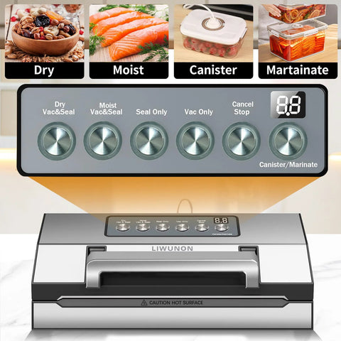 LIWUNON commercial vacuum sealer, front view; silver-gray with built-in cutter and bag storage